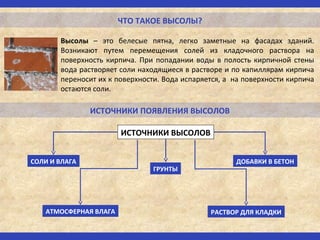 ЧТО ТАКОЕ ВЫСОЛЫ?
Высолы – это белесые пятна, легко заметные на фасадах зданий.
Возникают путем перемещения солей из кладочного раствора на
поверхность кирпича. При попадании воды в полость кирпичной стены
вода растворяет соли находящиеся в растворе и по капиллярам кирпича
переносит их к поверхности. Вода испаряется, а на поверхности кирпича
остаются соли.
ИСТОЧНИКИ ПОЯВЛЕНИЯ ВЫСОЛОВ
РАСТВОР ДЛЯ КЛАДКИ
СОЛИ И ВЛАГА
АТМОСФЕРНАЯ ВЛАГА
ГРУНТЫ
ДОБАВКИ В БЕТОН
ИСТОЧНИКИ ВЫСОЛОВ
 