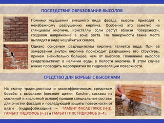 ПОСЛЕДСТВИЯ ОБРАЗОВАНИЯ ВЫСОЛОВ
СРЕДСТВО ДЛЯ БОРЬБЫ С ВЫСОЛАМИ
Помимо ухудшения внешнего вида фасада, высолы приводят к
неизбежному разрушению кирпича. Особенно это заметно на
глянцевом кирпиче. Кристаллы соли растут вблизи поверхности,
создавая напряжение в зоне роста. На поверхности такие места
выглядят в виде чешуйчатых сколов.
Однако основным разрушителем кирпича является вода. При её
замерзании внутри кирпича происходит разрушение его структуры,
причем значительно большее, чем от высолов. Появление высолов
свидетельствует о наличии воды в полости кирпича. В этом случае
нужно проводить мероприятия по гидроизоляции поверхности.
На смену традиционным и малоэффективным средствам
борьбы с высолами (жесткие щетки, Karcher, составы на
масляной и кислотной основе) пришли специальные составы
для очистки фасадов и последующей защиты поверхности от
влаги (гидрофобизации) – ГАМБИТ ФАСАД ПЛЮС (Н-3),
ГАМБИТ ГИДРОФОБ (F-3) и ГАМБИТ ГИПС ГИДРОФОБ (F-4).
 