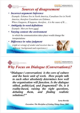 Sources of disagreementSources of disagreementSources of disagreementSources of disagreement
•• Incorrect argument /inferenceIncorrect argument /inference
E l E ki li i N th A i C di li i N thExample: Eskimos live in North America, Canadians live in North
America, therefore Canadians are Eskimos.
When A happens B happens therefore A is the cause of BWhen A happens, B happens, therefore, A is the cause of B….
•• Ambiguity in word definitionsAmbiguity in word definitions
Example: Men are born equalExample: Men are born equal
•• Varying context: the environmentVarying context: the environment
i hi h h i i k l ld h hin which the communication takes place would change the
interpretations
Diff i l j dDiff i l j d•• Difference in value judgmentDifference in value judgment
(right or wrong) of sender and receiver due to
different background and experience )
Wh F Di l (C i )?Wh F Di l (C i )?Why Focus on Dialogue (Conversations)?Why Focus on Dialogue (Conversations)?
“Di l ( ti ) i th f lt“Dialogue ( conversation) is the core of culture
and the basic unit of work. How people talk
t h th b l t l d t i h llto each other absolutely determines how well
the organisation will function. Is the dialogue
il d li i i d d f d? O i istilted, politicized, and fragmented? Or, is it
reality-based, raising the right questions,
d b i h d fi di li idebating them, and finding realistic
solutions?”
Larry Bossidy
Execution: The Discipline of Getting Things Done, 2002
 