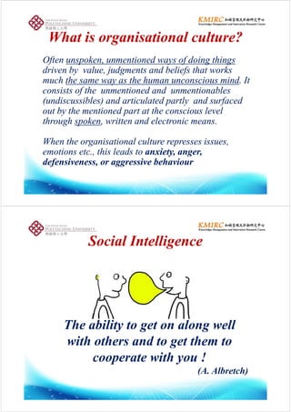 Wh t iWh t i i ti li ti l lt ?lt ?What isWhat is organisationalorganisational culture?culture?
OftOft k ti d f d i thik ti d f d i thiOftenOften unspoken, unmentioned ways of doing thingsunspoken, unmentioned ways of doing things
driven by value, judgmentsdriven by value, judgments and beliefsand beliefs that worksthat works
muchmuch the same way as the human unconscious mindthe same way as the human unconscious mind ItItmuchmuch the same way as the human unconscious mindthe same way as the human unconscious mind. It. It
consists of the unmentioned and unmentionablesconsists of the unmentioned and unmentionables
((undiscussiblesundiscussibles) and articulated partly and surfaced) and articulated partly and surfaced((undiscussiblesundiscussibles) and articulated partly and surfaced) and articulated partly and surfaced
out by the mentioned part at the conscious levelout by the mentioned part at the conscious level
throughthrough spokenspoken, written and electronic means., written and electronic means.gg pp
When theWhen the organisationalorganisational culture represses issues,culture represses issues,
i hi l di hi l d iiemotions etc., this leads toemotions etc., this leads to anxiety, anger,anxiety, anger,
defensiveness, or aggressivedefensiveness, or aggressive behaviourbehaviour
Social IntelligenceSocial IntelligenceSocial IntelligenceSocial Intelligence
The ability to get on along welly g g
with others and to get them to
t ith !cooperate with you !
(A. Albretch)
 