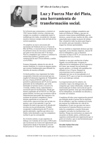 Sitio Web: lyfmdp.org.ar   “OCHO DE OCTUBRE” N° 284 - Cierre de edición, 29 / 09 / 2011 - Sindicato de Luz y Fuerza de Mar del Plata   3
 