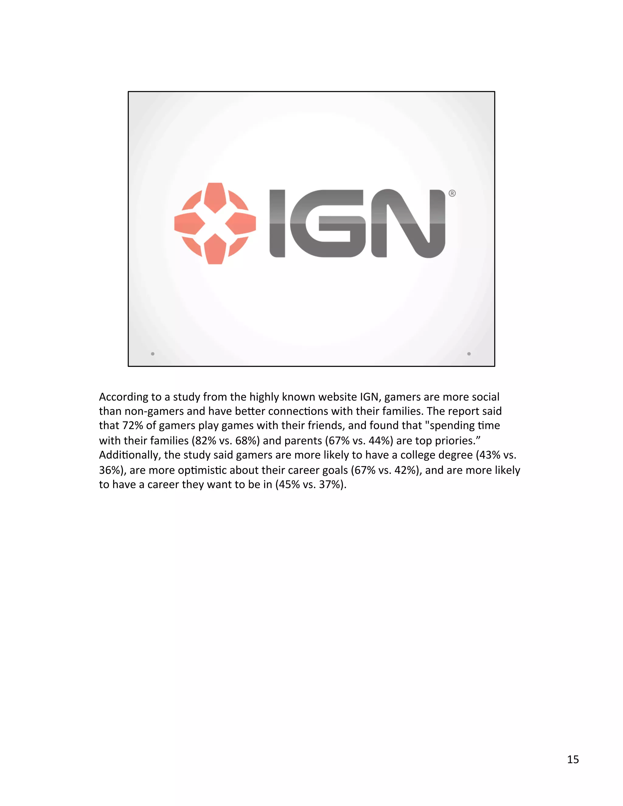 According	
  to	
  a	
  study	
  from	
  the	
  highly	
  known	
  website	
  IGN,	
  gamers	
  are	
  more	
  social	
  
than	
  non-­‐gamers	
  and	
  have	
  beSer	
  connec@ons	
  with	
  their	
  families.	
  The	
  report	
  said	
  
that	
  72%	
  of	
  gamers	
  play	
  games	
  with	
  their	
  friends,	
  and	
  found	
  that	
  "spending	
  @me	
  
with	
  their	
  families	
  (82%	
  vs.	
  68%)	
  and	
  parents	
  (67%	
  vs.	
  44%)	
  are	
  top	
  priories.”	
  
Addi@onally,	
  the	
  study	
  said	
  gamers	
  are	
  more	
  likely	
  to	
  have	
  a	
  college	
  degree	
  (43%	
  vs.	
  
36%),	
  are	
  more	
  op@mis@c	
  about	
  their	
  career	
  goals	
  (67%	
  vs.	
  42%),	
  and	
  are	
  more	
  likely	
  
to	
  have	
  a	
  career	
  they	
  want	
  to	
  be	
  in	
  (45%	
  vs.	
  37%).	
  
15	
  
 