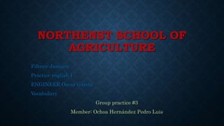 NORTHENST SCHOOL OF
AGRICULTURE
Fifteen-January
Practice english I
ENGINEER Oscar García
Vocabulary
Group practice #3
Member: Ochoa Hernández Pedro Luis
 
