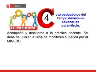 Acompaña y monitorea a la práctica docente. Se
debe de utilizar la ficha de monitoreo sugerida por el
MINEDU.
4
EQUIPO DIRECTIVO
Uso pedagógico del
tiempo durante las
sesiones de
aprendizaje.
 