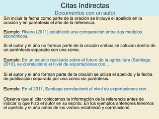 Sin incluir la fecha como parte de la oración se incluye el apellido en la
oración y en paréntesis el año de la referencia.

Ejemplo: Rivera (2011) estableció una comparación entre dos modelos
económicos.

Si el autor y el año no forman parte de la oración ambos se colocan dentro de
un paréntesis separado con una coma.

Ejemplo: En un estudio realizado sobre el futuro de la agricultura (Santiago,
2010), se correlacionó el nivel de exportaciones con…

Si el autor y el año forman parte de la oración se utiliza el apellido y la fecha
de publicación separada por una coma sin paréntesis.

Ejemplo: En el 2011, Santiago correlacionó el nivel de exportaciones con…

Observa que al citar colocamos la información de la referencia antes de
indicar lo que hizo el autor en su escrito. En los ejemplos anteriores tenemos
el apellido y el año antes de los verbos estableció y correlacionó.
 