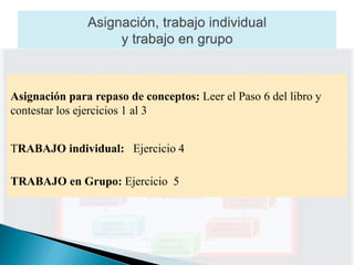 Asignación para repaso de conceptos: Leer el Paso 6 del libro y
contestar los ejercicios 1 al 3


TRABAJO individual: Ejercicio 4

TRABAJO en Grupo: Ejercicio 5
 