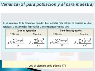 Es el cuadrado de la desviación estándar. Las fórmulas para calcular la varianza de datos
agrupados y no agrupados de población y muestra respectivamente son:
              Datos no agrupados                            Para datos agrupados
       Población               Muestra              Población                  Muestra




                         Lea el ejemplo de la página 171
 
