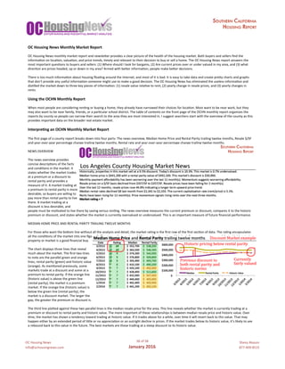 OC	Housing	News
info@ochousingnews.com
56	of	58
January	2016
Shevy	Akason
877-409-8515
OC	Housing	News	Monthly	Market	Report	
	
OC	Housing	News	monthly	market	report	and	newsleler	provides	a	clear	picture	of	the	health	of	the	housing	market.	Both	buyers	and	sellers	ﬁnd	the	
informagon	on	locagon,	valuagon,	and	price	trends,	gmely	and	relevant	to	their	decision	to	buy	or	sell	a	home.	The	OC	Housing	News	report	answers	the	
most	important	quesgons	to	buyers	and	sellers:	(1)	Where	should	I	look	for	bargains,	(2)	Are	current	prices	over	or	under	valued	in	my	area,	and	(3)	what	
direcgon	are	prices	headed,	up	or	down	in	my	area?	Armed	with	beler	informagon,	people	make	beler	decisions.	
	
There	is	too	much	informagon	about	housing	ﬂoagng	around	the	Internet,	and	most	of	it	is	bad.	It	is	easy	to	take	data	and	create	prely	charts	and	graphs	
that	don't	provide	any	useful	informagon	someone	might	use	to	make	a	good	decision.	The	OC	Housing	News	has	eliminated	the	useless	informagon	and	
disglled	the	market	down	to	three	key	pieces	of	informagon:	(1)	resale	value	relagve	to	rent,	(2)	yearly	change	in	resale	prices,	and	(3)	yearly	changes	in	
rents.	
	
Using	the	OCHN	Monthly	Report	
	
When	most	people	are	considering	rengng	or	buying	a	home,	they	already	have	narrowed	their	choices	for	locagon.	Most	want	to	be	near	work,	but	they	
may	also	want	to	be	near	family,	friends,	or	a	pargcular	school	district.	The	table	of	contents	on	the	front	page	of	the	OCHN	monthly	report	organizes	the	
reports	by	county	so	people	can	narrow	their	search	to	the	area	they	are	most	interested	in.	I	suggest	searchers	start	with	the	overview	of	the	county	as	this	
provides	important	data	on	the	broader	real	estate	market.	
	
InterpreJng	an	OCHN	Monthly	Market	Report	
	
The	ﬁrst	page	of	a	county	report	breaks	down	into	four	parts:	The	news	overview,	Median	Home	Price	and	Rental	Parity	trailing	twelve	months,	Resale	$/SF	
and	year-over-year	percentage	change	trailing	twelve	months,	Rental	rate	and	year-over-year	percentage	change	trailing	twelve	months.		
	
NEWS	OVERVIEW	
		
The	news	overview	provides		
concise	descripgons	of	the	facts		
and	condigons	in	the	market.	It		
states	whether	the	market	trades		
at	a	premium	or	a	discount	to		
rental	parity	and	provides	a		
measure	of	it.	A	market	trading	at		
a	premium	to	rental	parity	is	more		
desirable,	so	buyers	are	willing	to		
pay	more	than	rental	parity	to	live		
there.	A	market	trading	at	a		
discount	is	less	desirable,	and		
people	must	be	mogvated	to	live	there	by	saving	versus	rengng.	The	news	overview	measures	the	current	premium	or	discount,	compares	it	to	the	historic	
premium	or	discount,	and	states	whether	the	market	is	currently	overvalued	or	undervalued.	This	is	an	important	measure	of	future	ﬁnancial	performance.	
	
MEDIAN	HOME	PRICE	AND	RENTAL	PARITY	TRAILING	TWELVE	MONTHS	
	
For	those	who	want	the	bolom	line	without	all	the	analysis	and	detail,	the	market	ragng	is	the	ﬁrst	row	of	the	ﬁrst	secgon	of	data.	The	ragng	encapsulates	
all	the	condigons	of	the	market	into	one	ﬁgure.	Suﬃce	to	say	that	a	ragng	of	10	is	good	and	a	ragng	of	1	is	bad.	Buyers	can	rest	assured	that	a	highly	rated	
property	or	market	is	a	good	ﬁnancial	buy.	
		
The	chart	displays	three	lines	that	reveal		
much	about	the	market.	The	ﬁrst	two	lines		
to	note	are	the	parallel	green	and	orange		
lines,	rental	parity	(green)	and	historic	value		
(orange).	As	mengoned	previously,	some		
markets	trade	at	a	discount	and	some	at	a		
premium	to	rental	parity.	If	the	orange	line		
(historic	value)	is	above	the	green	line		
(rental	parity),	the	market	is	a	premium		
market.	If	the	orange	line	(historic	value)	is		
below	the	green	line	(rental	parity),	the		
market	is	a	discount	market.	The	larger	the		
gap,	the	greater	the	premium	or	discount	is.	
	
The	third	line	ploled	against	these	two	parallel	lines	is	the	median	resale	price	for	the	area.	This	line	reveals	whether	the	market	is	currently	trading	at	a	
premium	or	discount	to	rental	parity	and	historic	value.	The	more	important	of	these	relagonships	is	between	median	resale	price	and	historic	value.	Over	
gme,	the	market	has	shown	a	tendency	toward	trading	at	historic	value.	If	it	trades	above	for	a	while,	over	gme	it	will	revert	back	to	this	value.	That	may	
happen	either	by	an	extended	period	of	lille	or	no	appreciagon	or	an	outright	decline	in	prices.	If	the	market	trades	below	its	historic	value,	it’s	likely	to	see	
a	rebound	back	to	this	value	in	the	future.	The	best	markets	are	those	trading	at	a	steep	discount	to	its	historic	value.	
	
 
