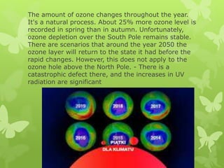 The amount of ozone changes throughout the year.
It's a natural process. About 25% more ozone level is
recorded in spring than in autumn. Unfortunately,
ozone depletion over the South Pole remains stable.
There are scenarios that around the year 2050 the
ozone layer will return to the state it had before the
rapid changes. However, this does not apply to the
ozone hole above the North Pole. - There is a
catastrophic defect there, and the increases in UV
radiation are significant
 