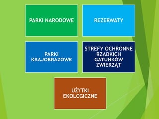 PARKI NARODOWE REZERWATY
PARKI
KRAJOBRAZOWE
STREFY OCHRONNE
RZADKICH
GATUNKÓW
ZWIERZĄT
UŻYTKI
EKOLOGICZNE
 