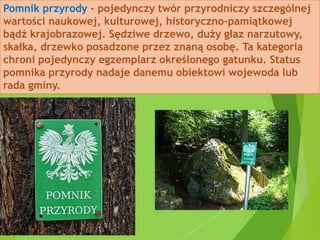 Pomnik przyrody - pojedynczy twór przyrodniczy szczególnej
wartości naukowej, kulturowej, historyczno-pamiątkowej
bądź krajobrazowej. Sędziwe drzewo, duży głaz narzutowy,
skałka, drzewko posadzone przez znaną osobę. Ta kategoria
chroni pojedynczy egzemplarz określonego gatunku. Status
pomnika przyrody nadaje danemu obiektowi wojewoda lub
rada gminy.
 