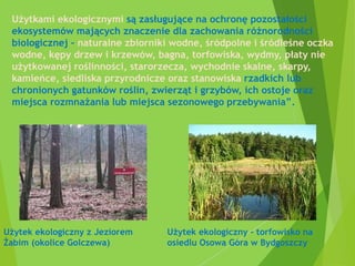 Użytkami ekologicznymi są zasługujące na ochronę pozostałości
ekosystemów mających znaczenie dla zachowania różnorodności
biologicznej – naturalne zbiorniki wodne, śródpolne i śródleśne oczka
wodne, kępy drzew i krzewów, bagna, torfowiska, wydmy, płaty nie
użytkowanej roślinności, starorzecza, wychodnie skalne, skarpy,
kamieńce, siedliska przyrodnicze oraz stanowiska rzadkich lub
chronionych gatunków roślin, zwierząt i grzybów, ich ostoje oraz
miejsca rozmnażania lub miejsca sezonowego przebywania”.
Użytek ekologiczny z Jeziorem
Żabim (okolice Golczewa)
Użytek ekologiczny - torfowisko na
osiedlu Osowa Góra w Bydgoszczy
 