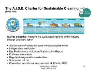 The A.I.S.E. Charter for Sustainable Cleaning
(since 2005)




 Overall objective: Improve the sustainability profile of the industry
 through voluntary action

 •   Sustainability Procedures across the product life cycle
 •   Independent verification
 •   Key Performance Indicators/Sustainability Report
 •   End user information
 •   Regular dialogue with stakeholders
 •   Successful roll out
 •   Committed to continual improvement      Charter 2010
                                 Kerstin Ochs - FORUM                    10
                                  WASCHEN 091208
 