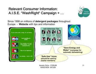 Relevant Consumer Information:
A.I.S.E. “WashRight“ Campaign + …

Since 1998 on millions of detergent packages throughout
Europe - Website with tips and information




                                                  “Save Energy and
                                                  Water“ (campaign for
                                                  automatic dishwashing)

                             “Safe Use“ Icons
                             (should be used by
                             charter members)

                           Kerstin Ochs - FORUM                          11
                            WASCHEN 091208
 