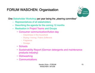 FORUM WASCHEN: Organisation

One Stakeholder Workshop per year being the „steering committee“
   – Representatives of all stakeholders
   – Describing the agenda for the coming 12 months
   – Realisation in Project Teams and Groups
        • Consumer communication/Action day
            –   Cleanliness in the household
            –   Drying / Ironing / Fabric Softeners
            –   Fragrance
            –   Dosage
        • Schools
        • Sustainability Report (German detergents and maintenance
          products industry)
        • Dishwashing
        • Communications

                                  Kerstin Ochs - FORUM             15
                                   WASCHEN 091208
 