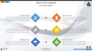 w w w . D o m a i n . c o m Page 2
www.MainSlide.com
© All Rights Reserved.
Confidential
Icon List Layout
Icon List Layout
Title Goes Here
There are many variations of passages Lorem
Ipsum available, but the majority have suffered
alteration in some form, by injected humour.
Title Goes Here
There are many variations of passages Lorem
Ipsum available, but the majority have suffered
alteration in some form, by injected humour.
Title Goes Here
There are many variations of passages Lorem
Ipsum available, but the majority have suffered
alteration in some form, by injected humour.
Title Goes Here
There are many variations of passages Lorem
Ipsum available, but the majority have suffered
alteration in some form, by injected humour.
Title Goes Here
There are many variations of passages Lorem
Ipsum available, but the majority have suffered
alteration in some form, by injected humour.
Title Goes Here
There are many variations of passages Lorem
Ipsum available, but the majority have suffered
alteration in some form, by injected humour.
 