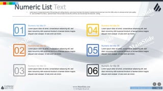 w w w . D o m a i n . c o m Page 23
www.MainSlide.com
© All Rights Reserved.
Confidential
Numeric List Text• Lorem Ipsum is simply dummy text of the printing and setting industry. Lorem Ipsum has been the industry's standard dummy text ever since the 1500s, when an unknown printer took a galley
of and scrambled it to make a specimen book. It has survived not only five centuries, but also the leap into electronic setting.
Numeric list title 01
Lorem ipsum dolor sit amet, consectetuer adipiscing elit, sed
diam nonummy nibh euismod tincidunt ut laoreet dolore magna
aliquam erat volutpat. Ut wisi enim ad minim.
01
Numeric list title 04
Lorem ipsum dolor sit amet, consectetuer adipiscing elit, sed
diam nonummy nibh euismod tincidunt ut laoreet dolore magna
aliquam erat volutpat. Ut wisi enim ad minim.
04
Numeric list title 02
Lorem ipsum dolor sit amet, consectetuer adipiscing elit, sed
diam nonummy nibh euismod tincidunt ut laoreet dolore magna
aliquam erat volutpat. Ut wisi enim ad minim.02
Numeric list title 05
Lorem ipsum dolor sit amet, consectetuer adipiscing elit, sed
diam nonummy nibh euismod tincidunt ut laoreet dolore magna
aliquam erat volutpat. Ut wisi enim ad minim.
05
Numeric list title 03
Lorem ipsum dolor sit amet, consectetuer adipiscing elit, sed
diam nonummy nibh euismod tincidunt ut laoreet dolore magna
aliquam erat volutpat. Ut wisi enim ad minim.03
Numeric list title 06
Lorem ipsum dolor sit amet, consectetuer adipiscing elit, sed
diam nonummy nibh euismod tincidunt ut laoreet dolore magna
aliquam erat volutpat. Ut wisi enim ad minim.06
 