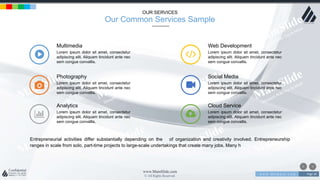 w w w . D o m a i n . c o m Page 38
www.MainSlide.com
© All Rights Reserved.
Confidential
OUR SERVICES
Our Common Services Sample
Multimedia
Lorem ipsum dolor sit amet, consectetur
adipiscing elit. Aliquam tincidunt ante nec
sem congue convallis.
Photography
Lorem ipsum dolor sit amet, consectetur
adipiscing elit. Aliquam tincidunt ante nec
sem congue convallis.
Analytics
Lorem ipsum dolor sit amet, consectetur
adipiscing elit. Aliquam tincidunt ante nec
sem congue convallis.
Web Development
Lorem ipsum dolor sit amet, consectetur
adipiscing elit. Aliquam tincidunt ante nec
sem congue convallis.
Social Media
Lorem ipsum dolor sit amet, consectetur
adipiscing elit. Aliquam tincidunt ante nec
sem congue convallis.
Cloud Service
Lorem ipsum dolor sit amet, consectetur
adipiscing elit. Aliquam tincidunt ante nec
sem congue convallis.
Entrepreneurial activities differ substantially depending on the of organization and creativity involved. Entrepreneurship
ranges in scale from solo, part-time projects to large-scale undertakings that create many jobs. Many h
 