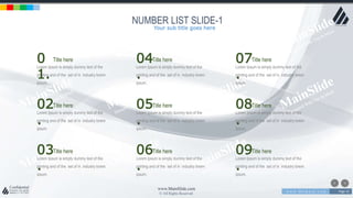 w w w . D o m a i n . c o m Page 43
www.MainSlide.com
© All Rights Reserved.
Confidential
NUMBER LIST SLIDE-1
Lorem Ipsum is simply dummy text of the
printing and of the set of in industry lorem
ipsum.
0
1.
Title here
Lorem Ipsum is simply dummy text of the
printing and of the set of in industry lorem
ipsum.
02
.
Title here
Lorem Ipsum is simply dummy text of the
printing and of the set of in industry lorem
ipsum.
03
.
Title here
Lorem Ipsum is simply dummy text of the
printing and of the set of in industry lorem
ipsum.
04
.
Title here
Lorem Ipsum is simply dummy text of the
printing and of the set of in industry lorem
ipsum.
05
.
Title here
Lorem Ipsum is simply dummy text of the
printing and of the set of in industry lorem
ipsum.
06
.
Title here
Lorem Ipsum is simply dummy text of the
printing and of the set of in industry lorem
ipsum.
07
.
Title here
Lorem Ipsum is simply dummy text of the
printing and of the set of in industry lorem
ipsum.
08
.
Title here
Lorem Ipsum is simply dummy text of the
printing and of the set of in industry lorem
ipsum.
09
.
Title here
Your sub title goes here
 