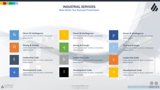 w w w . D o m a i n . c o m Page 44
www.MainSlide.com
© All Rights Reserved.
Confidential
INDUSTRIAL SERVICES
Make Better Your Business Presentation
Ñ
Ĥ
a
E
1
q
l
b
p
c
4
z
Clever & Intellegence
Lorem ipsum dolor sit amet, consectetur
adipiscing elit.
Strong & Energic
Lorem ipsum dolor sit amet, consectetur
adipiscing elit.
Leadership Code
Lorem ipsum dolor sit amet, consectetur
adipiscing elit.
Development Code
Lorem ipsum dolor sit amet, consectetur
adipiscing elit.
Clever & Intellegence
Lorem ipsum dolor sit amet, consectetur
adipiscing elit.
Strong & Energic
Lorem ipsum dolor sit amet, consectetur
adipiscing elit.
Leadership Code
Lorem ipsum dolor sit amet, consectetur
adipiscing elit.
Development Code
Lorem ipsum dolor sit amet, consectetur
adipiscing elit.
Clever & Intellegence
Lorem ipsum dolor sit amet, consectetur
adipiscing elit.
Strong & Energic
Lorem ipsum dolor sit amet, consectetur
adipiscing elit.
Leadership Code
Lorem ipsum dolor sit amet, consectetur
adipiscing elit.
Development Code
Lorem ipsum dolor sit amet, consectetur
adipiscing elit.
 