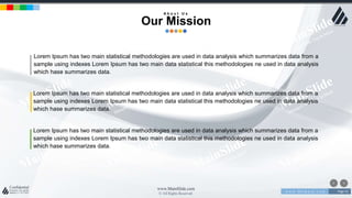 w w w . D o m a i n . c o m Page 53
www.MainSlide.com
© All Rights Reserved.
Confidential
Lorem Ipsum has two main statistical methodologies are used in data analysis which summarizes data from a
sample using indexes Lorem Ipsum has two main data statistical this methodologies ne used in data analysis
which hase summarizes data.
Lorem Ipsum has two main statistical methodologies are used in data analysis which summarizes data from a
sample using indexes Lorem Ipsum has two main data statistical this methodologies ne used in data analysis
which hase summarizes data.
Lorem Ipsum has two main statistical methodologies are used in data analysis which summarizes data from a
sample using indexes Lorem Ipsum has two main data statistical this methodologies ne used in data analysis
which hase summarizes data.
A b o u t U s
Our Mission
 