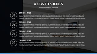 4 KEYS TO SUCCESS
Your subtitles goes right here
01
OPTION 1 TITLE
Lorem ipsum dolor sit amet, consectetuer adipiscing elit. Maecenas porttitor congue massa. Fusce posuere, magna sed
pulvinar ultricies, purus lectus malesuada libero, sit amet commodo magna eros quis urna. Nunc viverra imperdiet enim.
Fusce est. Vivamus a tellus. Pellentesque habitant morbi tristique senectus et netus et malesuada fames ac turpis egestas.
02
OPTION 2 TITLE
Lorem ipsum dolor sit amet, consectetuer adipiscing elit. Maecenas porttitor congue massa. Fusce posuere, magna sed
pulvinar ultricies, purus lectus malesuada libero, sit amet commodo magna eros quis urna. Nunc viverra imperdiet enim.
Fusce est. Vivamus a tellus. Pellentesque habitant morbi tristique senectus et netus et malesuada fames ac turpis egestas.
03
OPTION 3 TITLE
Lorem ipsum dolor sit amet, consectetuer adipiscing elit. Maecenas porttitor congue massa. Fusce posuere, magna sed
pulvinar ultricies, purus lectus malesuada libero, sit amet commodo magna eros quis urna. Nunc viverra imperdiet enim.
Fusce est. Vivamus a tellus. Pellentesque habitant morbi tristique senectus et netus et malesuada fames ac turpis egestas.
04
OPTION 4 TITLE
Lorem ipsum dolor sit amet, consectetuer adipiscing elit. Maecenas porttitor congue massa. Fusce posuere, magna sed
pulvinar ultricies, purus lectus malesuada libero, sit amet commodo magna eros quis urna. Nunc viverra imperdiet enim.
Fusce est. Vivamus a tellus. Pellentesque habitant morbi tristique senectus et netus et malesuada fames ac turpis egestas.
 