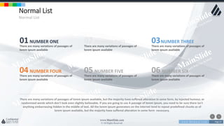 w w w . D o m a i n . c o m Page 67
www.MainSlide.com
© All Rights Reserved.
Confidential
Normal List
Normal List
NUMBER TWO
There are many variations of passages of
lorem ipsum available
02 NUMBER THREE
There are many variations of passages of
lorem ipsum available
03
NUMBER FOUR
There are many variations of passages of
lorem ipsum available
04 NUMBER FIVE
There are many variations of passages of
lorem ipsum available
05 NUMBER SIX
There are many variations of passages of
lorem ipsum available
06
NUMBER ONE
There are many variations of passages of
lorem ipsum available
01
There are many variations of passages of lorem ipsum available, but the majority have suffered alteration in some form, by injected humour, or
randomized words which don't look even slightly believable. If you are going to use A passage of lorem ipsum, you need to be sure there isn't
anything embarrassing hidden in the middle of text. All the lorem ipsum generators on the internet tend to repeat predefined chunks as of
lorem ipsum available, but the majority have suffered alteration in some form necessary.
 