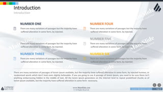 w w w . D o m a i n . c o m Page 69
www.MainSlide.com
© All Rights Reserved.
Confidential
Introduction
Introduction
NUMBER FOUR
There are many variations of passages but the majority have
suffered alteration in some form, by injected.
NUMBER FIVE
There are many variations of passages but the majority have
suffered alteration in some form, by injected.
NUMBER SIX
There are many variations of passages but the majority have
suffered alteration in some form, by injected.
NUMBER ONE
There are many variations of passages but the majority have
suffered alteration in some form, by injected.
NUMBER TWO
There are many variations of passages but the majority have
suffered alteration in some form, by injected.
NUMBER THREE
There are many variations of passages but the majority have
suffered alteration in some form, by injected.
There are many variations of passages of lorem ipsum available, but the majority have suffered alteration in some form, by injected humour, or
randomized words which don't look even slightly believable. If you are going to use A passage of lorem ipsum, you need to be sure there isn't
anything embarrassing hidden in the middle of text. All the lorem ipsum generators on the internet tend to repeat predefined chunks as of
lorem ipsum available, but the majority have suffered alteration in some form necessary.
 