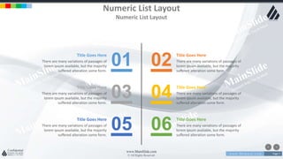 w w w . D o m a i n . c o m Page 7
www.MainSlide.com
© All Rights Reserved.
Confidential
Numeric List Layout
Numeric List Layout
Title Goes Here
There are many variations of passages of
lorem ipsum available, but the majority
suffered alteration some form.
01 Title Goes Here
There are many variations of passages of
lorem ipsum available, but the majority
suffered alteration some form.
02
Title Goes Here
There are many variations of passages of
lorem ipsum available, but the majority
suffered alteration some form.
03 Title Goes Here
There are many variations of passages of
lorem ipsum available, but the majority
suffered alteration some form.
04
Title Goes Here
There are many variations of passages of
lorem ipsum available, but the majority
suffered alteration some form.
05 Title Goes Here
There are many variations of passages of
lorem ipsum available, but the majority
suffered alteration some form.
06
 