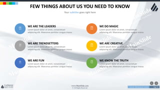 w w w . D o m a i n . c o m Page 72
www.MainSlide.com
© All Rights Reserved.
Confidential
FEW THINGS ABOUT US YOU NEED TO KNOW
Your subtitles goes right here
WE ARE THE LEADERS
Lorem ipsum dolor sit amet, consectetuer
adipiscing elit. Maecenas porttitor congue massa.
WE ARE TRENDSETTERS
Lorem ipsum dolor sit amet, consectetuer
adipiscing elit. Maecenas porttitor congue massa.
WE ARE FUN
Lorem ipsum dolor sit amet, consectetuer
adipiscing elit. Maecenas porttitor congue massa.
WE DO MAGIC
Lorem ipsum dolor sit amet, consectetuer
adipiscing elit. Maecenas porttitor congue massa.
WE ARE CREATIVE
Lorem ipsum dolor sit amet, consectetuer
adipiscing elit. Maecenas porttitor congue massa.
WE KNOW THE TRUTH
Lorem ipsum dolor sit amet, consectetuer
adipiscing elit. Maecenas porttitor congue massa.
 