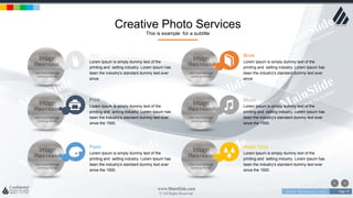 w w w . D o m a i n . c o m Page 79
www.MainSlide.com
© All Rights Reserved.
Confidential
Creative Photo Services
This is example for a subtitle
Web
Lorem Ipsum is simply dummy text of the
printing and setting industry. Lorem Ipsum has
been the industry's standard dummy text ever
since
Print
Lorem Ipsum is simply dummy text of the
printing and setting industry. Lorem Ipsum has
been the industry's standard dummy text ever
since the 1500.
Paint
Lorem Ipsum is simply dummy text of the
printing and setting industry. Lorem Ipsum has
been the industry's standard dummy text ever
since the 1500.
Book
Lorem Ipsum is simply dummy text of the
printing and setting industry. Lorem Ipsum has
been the industry's standard dummy text ever
since
Music
Lorem Ipsum is simply dummy text of the
printing and setting industry. Lorem Ipsum has
been the industry's standard dummy text ever
since the 1500.
Water Drop
Lorem Ipsum is simply dummy text of the
printing and setting industry. Lorem Ipsum has
been the industry's standard dummy text ever
since the 1500.
 