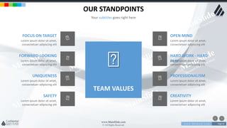 w w w . D o m a i n . c o m Page 81
www.MainSlide.com
© All Rights Reserved.
Confidential
OUR STANDPOINTS
Your subtitles goes right here
OPEN MIND
Lorem ipsum dolor sit amet,
consectetuer adipiscing elit
HARD WORK - HARD
PLAYLorem ipsum dolor sit amet,
consectetuer adipiscing elit
PROFESSIONALISM
Lorem ipsum dolor sit amet,
consectetuer adipiscing elit
CREATIVITY
Lorem ipsum dolor sit amet,
consectetuer adipiscing elit
FOCUS ON TARGET
Lorem ipsum dolor sit amet,
consectetuer adipiscing elit
FORWARD-LOOKING
Lorem ipsum dolor sit amet,
consectetuer adipiscing elit
UNIQUENESS
Lorem ipsum dolor sit amet,
consectetuer adipiscing elit
SAFETY
Lorem ipsum dolor sit amet,
consectetuer adipiscing elit
TEAM VALUES
 