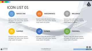 w w w . D o m a i n . c o m Page 83
www.MainSlide.com
© All Rights Reserved.
Confidential
ICON LIST 01
Sesame snaps jelly dessert tootsie
roll sweet roll candy canes. Sesame
snaps sweet roll jujubes
SERVICE ONE
Sesame snaps jelly dessert tootsie
roll sweet roll candy canes. Sesame
snaps sweet roll jujubes
SURPRIZE
Sesame snaps jelly dessert tootsie
roll sweet roll candy canes. Sesame
snaps sweet roll jujubes
AWESOMENESS
Sesame snaps jelly dessert tootsie
roll sweet roll candy canes. Sesame
snaps sweet roll jujubes
FLYNESS
Sesame snaps jelly dessert tootsie
roll sweet roll candy canes. Sesame
snaps sweet roll jujubes
BRILLIANCE
Sesame snaps jelly dessert tootsie
roll sweet roll candy canes. Sesame
snaps sweet roll jujubes
PERSONELL
 