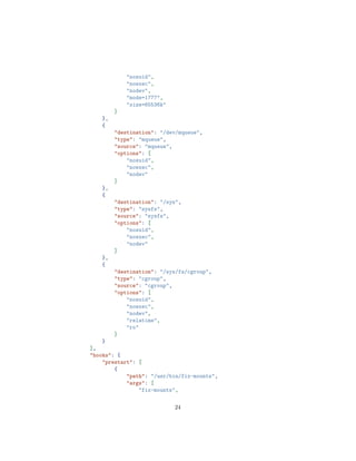 "nosuid",
"noexec",
"nodev",
"mode=1777",
"size=65536k"
]
},
{
"destination": "/dev/mqueue",
"type": "mqueue",
"source": "mqueue",
"options": [
"nosuid",
"noexec",
"nodev"
]
},
{
"destination": "/sys",
"type": "sysfs",
"source": "sysfs",
"options": [
"nosuid",
"noexec",
"nodev"
]
},
{
"destination": "/sys/fs/cgroup",
"type": "cgroup",
"source": "cgroup",
"options": [
"nosuid",
"noexec",
"nodev",
"relatime",
"ro"
]
}
],
"hooks": {
"prestart": [
{
"path": "/usr/bin/fix-mounts",
"args": [
"fix-mounts",
24
 