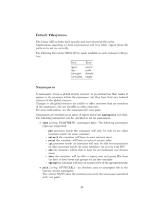 Default Filesystems
The Linux ABI includes both syscalls and several special ﬁle paths.
Applications expecting a Linux environment will very likely expect these ﬁle
paths to be set up correctly.
The following ﬁlesystems SHOULD be made available in each container’s ﬁlesys-
tem:
Path Type
/proc procfs
/sys sysfs
/dev/pts devpts
/dev/shm tmpfs
Namespaces
A namespace wraps a global system resource in an abstraction that makes it
appear to the processes within the namespace that they have their own isolated
instance of the global resource.
Changes to the global resource are visible to other processes that are members
of the namespace, but are invisible to other processes.
For more information, see the namespaces(7) man page.
Namespaces are speciﬁed as an array of entries inside the namespaces root ﬁeld.
The following parameters can be speciﬁed to set up namespaces:
• type (string, REQUIRED) - namespace type. The following namespace
types are supported:
– pid processes inside the container will only be able to see other
processes inside the same container.
– network the container will have its own network stack.
– mount the container will have an isolated mount table.
– ipc processes inside the container will only be able to communicate
to other processes inside the same container via system level IPC.
– uts the container will be able to have its own hostname and domain
name.
– user the container will be able to remap user and group IDs from
the host to local users and groups within the container.
– cgroup the container will have an isolated view of the cgroup hierarchy.
• path (string, OPTIONAL) - an absolute path to namespace ﬁle in the
runtime mount namespace.
The runtime MUST place the container process in the namespace associated
with that path.
30
 
