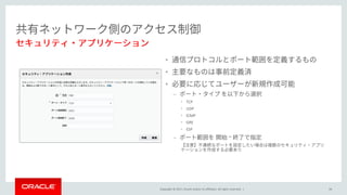 Copyright © 2017, Oracle and/or its affiliates. All rights reserved. |
•
•
•
–
• TCP
• UDP
• ICMP
• GRE
• ESP
– ~
34
 
