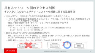 Copyright © 2017, Oracle and/or its affiliates. All rights reserved. | 37
•
– →
:
– :
•
•
• DBCS PaaS
– DBCS (
DBCS )
– : DBCS
Compute DBCS
Seclist-AP
Compute DBCS
Seclist-DB
 