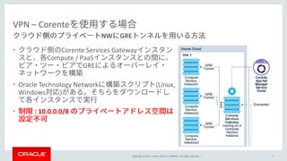 Copyright © 2017, Oracle and/or its affiliates. All rights reserved. |
VPN – Corente
• Corente Services Gateway
Compute / PaaS
GRE
• Oracle Technology Network (Linux,
Windows )
• : 10.0.0.0/8
62
NW GRE
 