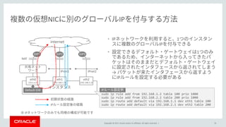 Copyright © 2017, Oracle and/or its affiliates. All rights reserved. |
NIC IP
76
• IP 1
IP
• 1
→
IPeth0
(10.x.x.x)
eth1
(192.168.1.2)
eth2
(192.168.2.2)
internet
NAT
GIP2GIP1 GIP3
IPnet1 IPnet2
sudo ip rule add from 192.168.1.2 table 100 prio 1000
sudo ip rule add from 192.168.2.2 table 200 prio 1000
sudo ip route add default via 192.168.1.1 dev eth1 table 100
sudo ip route add default via 192.168.2.1 dev eth2 table 200
IPDefault GW
IP
※ IP
 