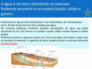 A água é um bem abundante na natureza.
Podemos encontrá-la no estado líquido, sólido e
gasoso.
A presença de água é uma caraterísticas mais importantes do nosso planeta.
Cerca de dois terços de terra são ocupados por água.
Na natureza podemos encontrar grandes quantidades de água que pode
apresentar-se em três formas ou estados: estado sólido, estado líquido e estado
gasoso.
Podemos encontrar a água nos mares, nos rios e nos lagos. No entanto, a água não
se encontra unicamente à superfície da terra, também existe no subsolo, formando
lençóis de água.
 