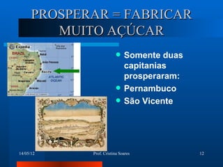 PROSPERAR = FABRICAR
         MUITO AÇÚCAR
                             Somente duas
                              capitanias
                              prosperaram:
                             Pernambuco
                             São Vicente




14/05/12     Prof. Cristina Soares           12
 
