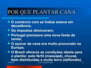POR QUE PLANTAR CANA
   O comércio com as Índias estava em
    decadência;
   Os impostos diminuiram;
   Portugal precisava uma nova fonte de
    renda;
   O açúcar da cana era muito procurado na
    Europa;
   O Brasil oferecia as condições ideais para
    o plantio: solo fértil (massapé), chuvas
    bem distribuídas e muita terra (latifúndio).
14/05/12            Prof. Cristina Soares          9
 