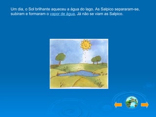 Um dia, o Sol brilhante aqueceu a água do lago. As Salpico separaram-se, subiram e formaram o  vapor de água .  Já não se viam as Salpico. 