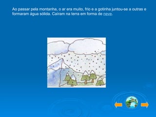 Ao passar pela montanha, o ar era muito, frio e a gotinha juntou-se a outras e formaram água sólida. Caíram na terra em forma de  neve . 