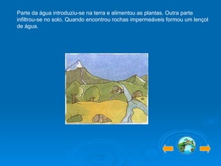 Parte da água introduziu-se na terra e alimentou as plantas. Outra parte infiltrou-se no solo. Quando encontrou rochas impermeáveis formou um lençol de água.  