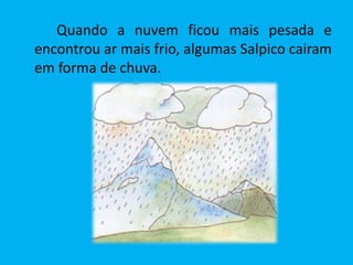 Quando a nuvem ficou mais pesada e
encontrou ar mais frio, algumas Salpico cairam
em forma de chuva.
 