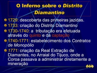 O Inferno sobre o  Distrito Diamantino 1729:  descoberta das primeiras jazidas. 1733:  criação do Distrito Diamantino 1730-1740:  a  tributação era efetuada através do  quinto  e da  captação   1740-1771:  estabelecimento dos  Contratos de Monopólio  1771:   criação da Real Extração de Diamantes, no Arraial do Tijuco, onde a Coroa passava a administrar diretamente a mineração 