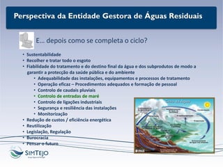 Perspectiva da Entidade Gestora de Águas Residuais
E… depois como se completa o ciclo?
• Sustentabilidade
• Recolher e tratar todo o esgoto
• Fiabilidade do tratamento e do destino final da água e dos subprodutos de modo a
garantir a protecção da saúde pública e do ambiente
• Adequabilidade das instalações, equipamentos e processos de tratamento
• Operação eficaz – Procedimentos adequados e formação de pessoal
• Controlo de caudais pluviais
• Controlo de entradas de maré
• Controlo de ligações industriais
• Segurança e resiliência das instalações
• Monitorização
• Redução de custos / eficiência energética
• Reutilização
• Legislação, Regulação
• Burocracia
• Pensar o futuro
 