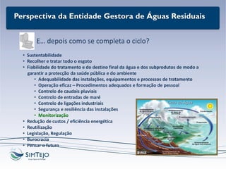 Perspectiva da Entidade Gestora de Águas Residuais
E… depois como se completa o ciclo?
• Sustentabilidade
• Recolher e tratar todo o esgoto
• Fiabilidade do tratamento e do destino final da água e dos subprodutos de modo a
garantir a protecção da saúde pública e do ambiente
• Adequabilidade das instalações, equipamentos e processos de tratamento
• Operação eficaz – Procedimentos adequados e formação de pessoal
• Controlo de caudais pluviais
• Controlo de entradas de maré
• Controlo de ligações industriais
• Segurança e resiliência das instalações
• Monitorização
• Redução de custos / eficiência energética
• Reutilização
• Legislação, Regulação
• Burocracia
• Pensar o futuro
 