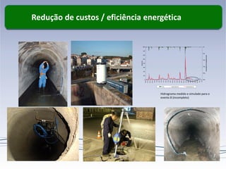 Traçado actual
Redução de custos / eficiência energética
Hidrograma medido e simulado para o
evento 8 (incompleto)
Medidor B8C1 - Evento 8
0
200
400
600
800
1000
1200
1400
1600
19:55
21:07
22:19
23:31
0:43
1:55
3:07
4:19
5:31
6:43
7:55
9:07
10:19
11:31
12:43
13:55
15:07
16:19
17:31
18:43
19:55
21:07
22:19
23:31
0:43
1:55
Caudal(l/s)
0,0
50,0
100,0
150,0
200,0
250,0
IntensidadedePrecipitação(mm/h)
P (mm) Caudal medido (l/s) Caudal simulado (l/s)
 
